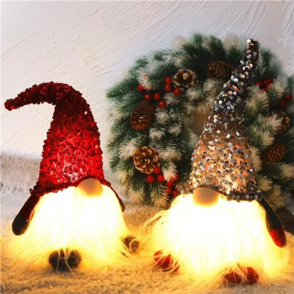 Lighted Christmas Gnome Set Scandinavian Tomte Plush Elf Tabletop Holiday Decor